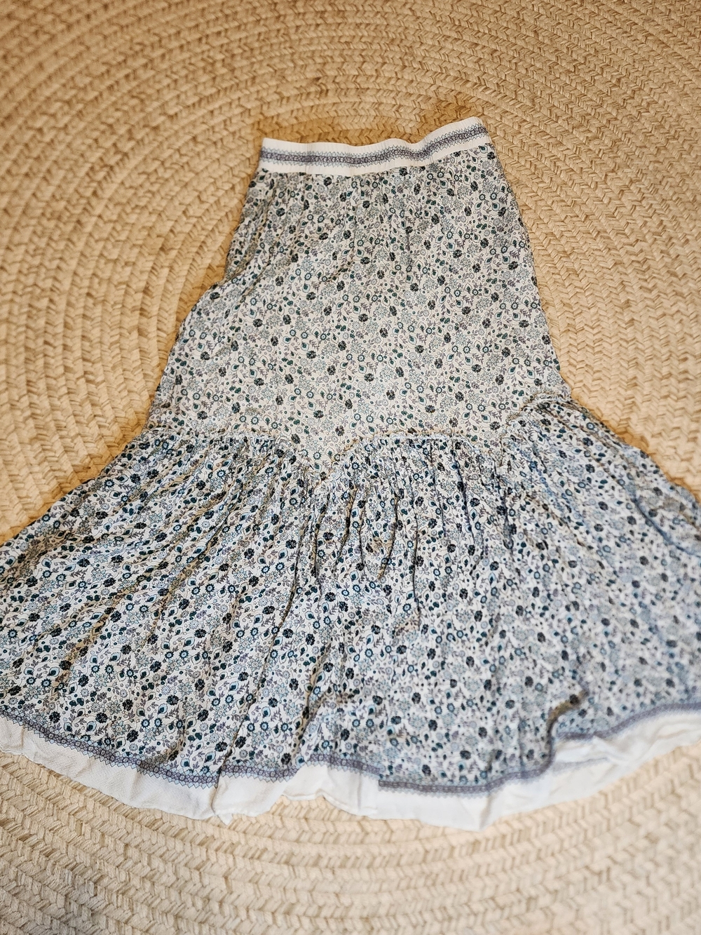 Sophie Max White Maxi Skirt with Blue Floral Print Smocked Waistband